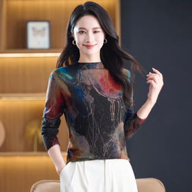 丁摩时尚年轻100水溶超细纯羊毛毛衣 春秋圆领洋气水性印花亲肤打底衫ALW3957