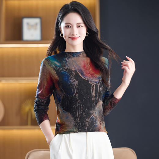 丁摩时尚年轻100水溶超细纯羊毛毛衣 春秋圆领洋气水性印花亲肤打底衫ALW3957 商品图0