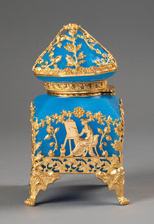 独角鹿西洋古董19世纪法国出品古典女神与花叶主题铜鎏金精雕装饰蓝色欧泊水晶墨水瓶 商品图2