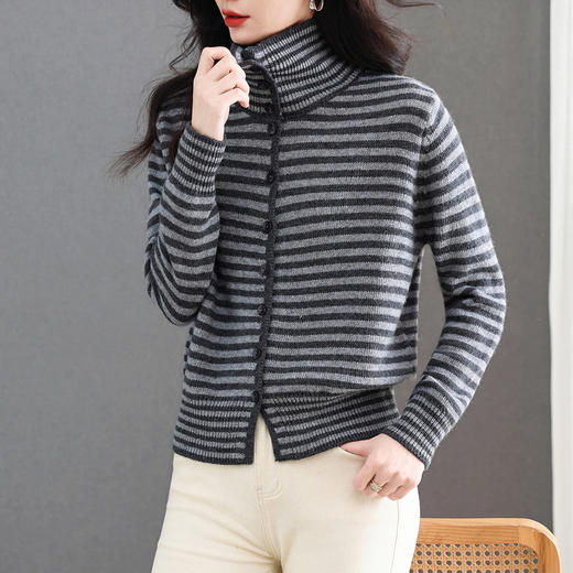 CC秋冬新款女士针织羊毛开衫翻领条纹港风外穿长袖保暖时尚女装 商品图1