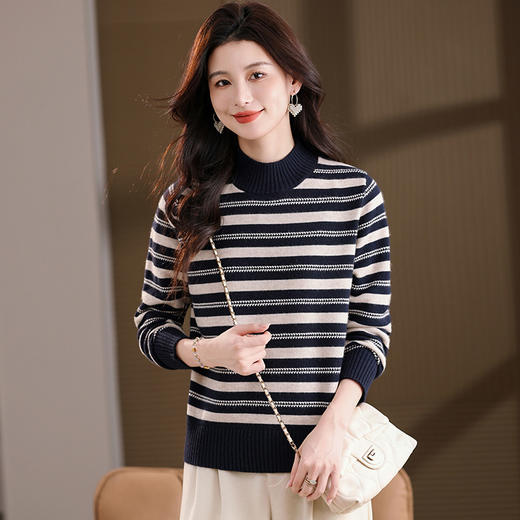 CC半高领条纹毛衣女秋冬季2025新款厚款保暖妈妈打底衫洋气内搭上衣 商品图2