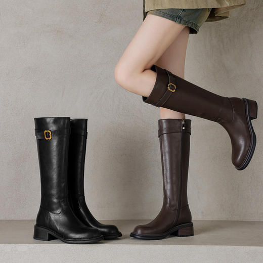 【预售5天】全牛皮修腿洋气百搭皮带扣骑士靴粗中跟圆头真皮高筒长靴KK840-23 商品图2