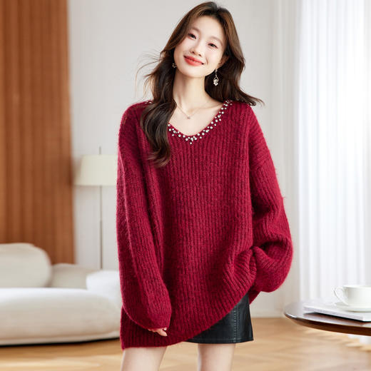 CC红色本命年慵懒风v领针织衫女秋冬大码宽松毛衣遮屁股小个子上衣 商品图3