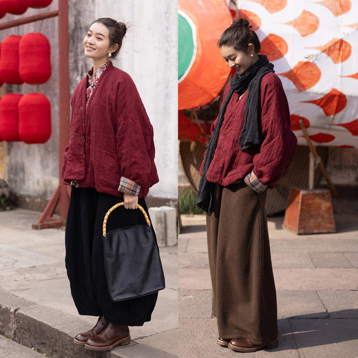 特绽放037朵/故里棉衣·色织亚麻斜襟内拼格纹里布长袖棉服厚外套 商品图3