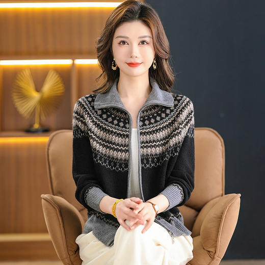 CC2025秋冬新款提花条纹女山翻领拉链开衫厚外套复古百搭长袖上衣女 商品图1