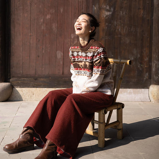 特绽放080朵/马年提花全羊毛圆领长袖套头毛衣新款设计感文艺毛衫 商品图1