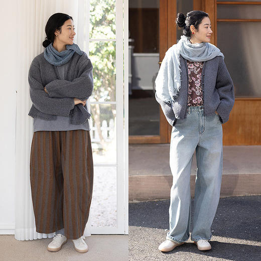 绽放067朵/100%美利奴羊毛衫重磅粗针设计感开襟毛针织衫新款开衫 商品图2