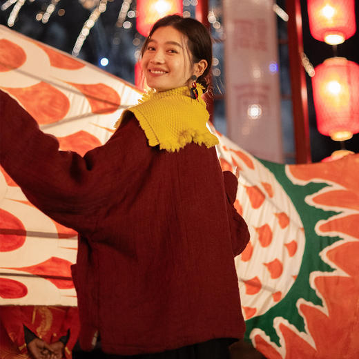 特绽放037朵/故里棉衣·色织亚麻斜襟内拼格纹里布长袖棉服厚外套 商品图2