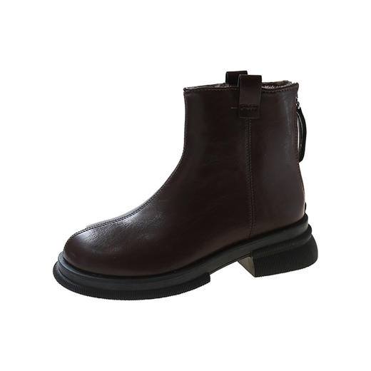 秋冬季新款加绒棕色马丁靴女英伦风圆头保暖短筒后拉链显瘦短靴女 商品图4