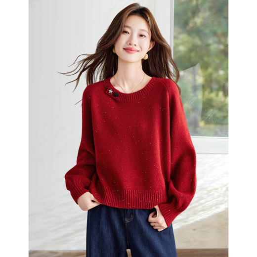 CC慵懒风圆领毛衣女套头秋冬宽松红色针织衫设计感小个子气质打底衫 商品图3