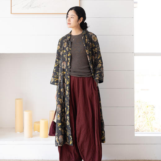 绽放035朵/复古印花轻中式偏襟可开襟长袖连衣裙新款藏肉显瘦长裙 商品图3