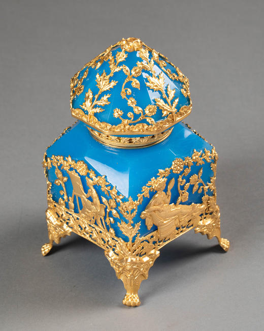 独角鹿西洋古董19世纪法国出品古典女神与花叶主题铜鎏金精雕装饰蓝色欧泊水晶墨水瓶 商品图5