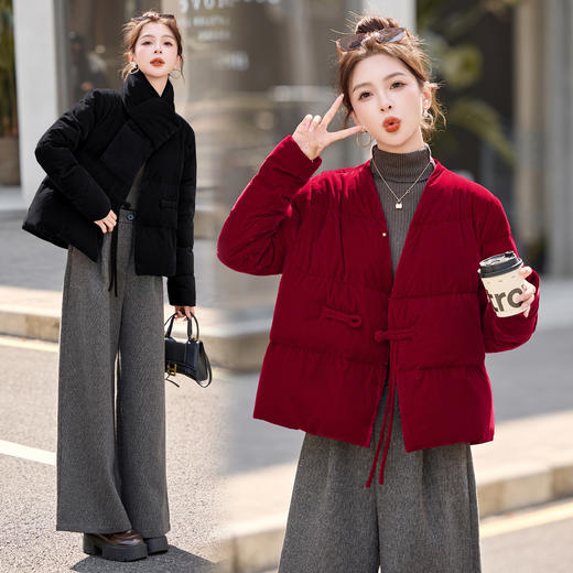 高级感丝绒羽绒服，盘扣国风保暖外套（配围巾）GRS2575 商品图0