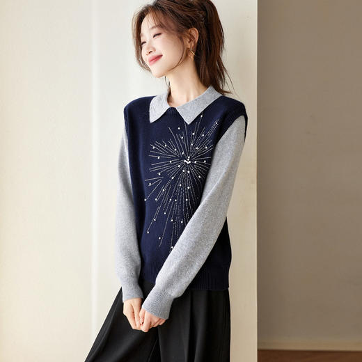 CC重工烫钻假两件翻领2025秋冬保暖针织衫女灰色设计感叠穿打底衫厚 商品图2