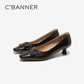 千百度羊皮粗高跟鞋女2026春季新款方跟小皮鞋蝴蝶结通勤浅口单鞋A26125015