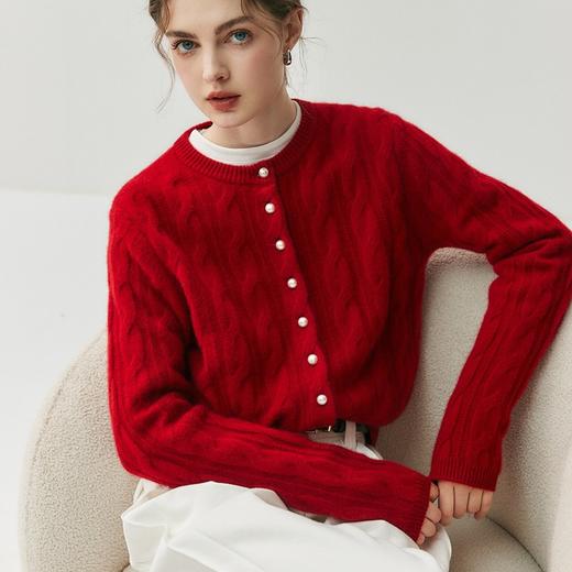 丁摩 珍珠扣山羊绒开衫女纯色麻花百搭毛衣外套秋冬圆领针织衫上衣5ZF-25067 商品图6