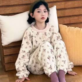 【亲肤安全材质❗️保暖舒适简约】韩系新款女童睡衣秋冬加厚儿童亲子装家居服女孩加绒碎花保暖套装。jb