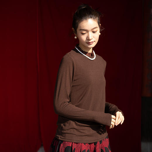 绽放013朵/天丝羊毛拼欧根纱花边立领长袖T恤叠搭舒适高弹打底衫 商品图3