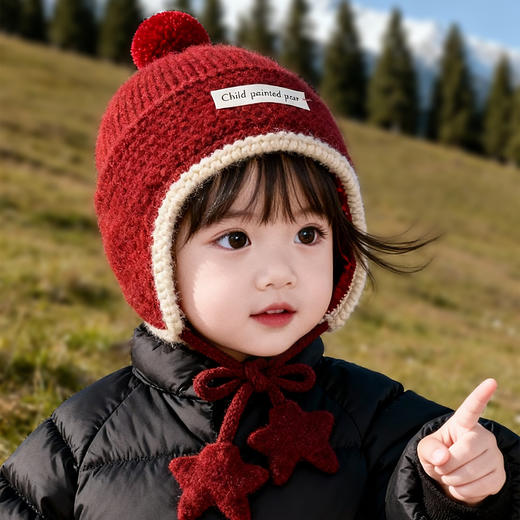 雀说宝宝帽子冬天红色新年帽加厚保暖儿童针织护耳帽婴幼儿套头毛线帽ALW 商品图1