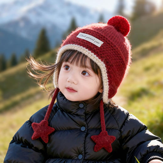 雀说宝宝帽子冬天红色新年帽加厚保暖儿童针织护耳帽婴幼儿套头毛线帽ALW 商品图0