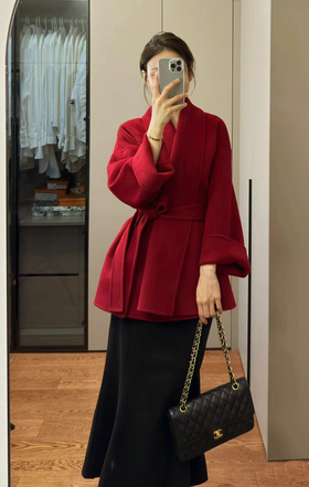 品牌订单山羊绒＋桑蚕丝超细羊毛翻领双面毛呢手工极简大衣