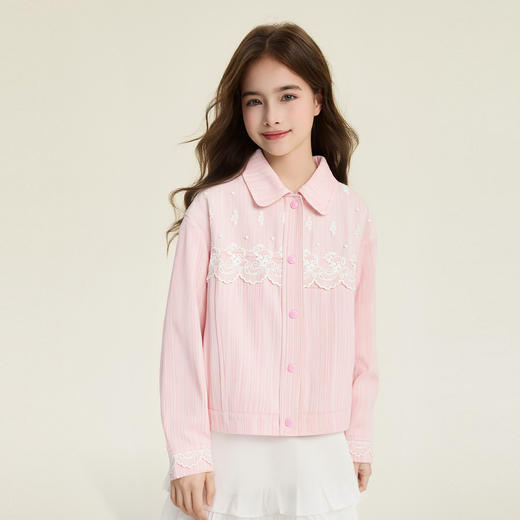 笛莎Deesha 童装女童外套2026春新款蕾丝花边拼接小翻领外套 商品图0