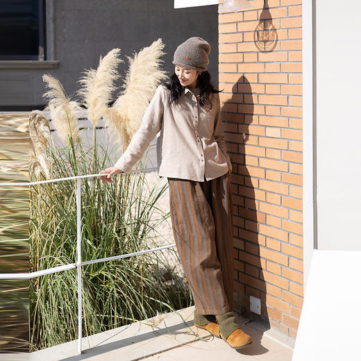 绽放032朵/棉麻色织鱼骨纹廓形感长裤复古文艺松弛感休闲裤弯刀裤 商品图2