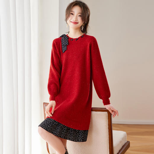 CC轻熟优雅风红色蝴蝶结飘带针织保暖连衣裙女秋冬中长款气质毛衣裙 商品图3