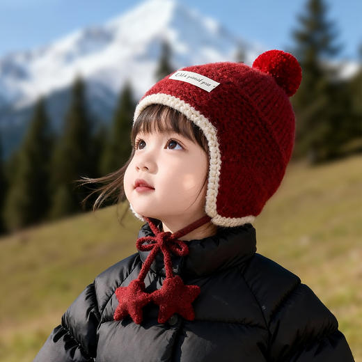 雀说宝宝帽子冬天红色新年帽加厚保暖儿童针织护耳帽婴幼儿套头毛线帽ALW 商品图2