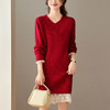 CC蕾丝拼接打底衫秋冬中长款遮屁股上衣洋气加厚V领毛衣裙气质显瘦 商品缩略图0