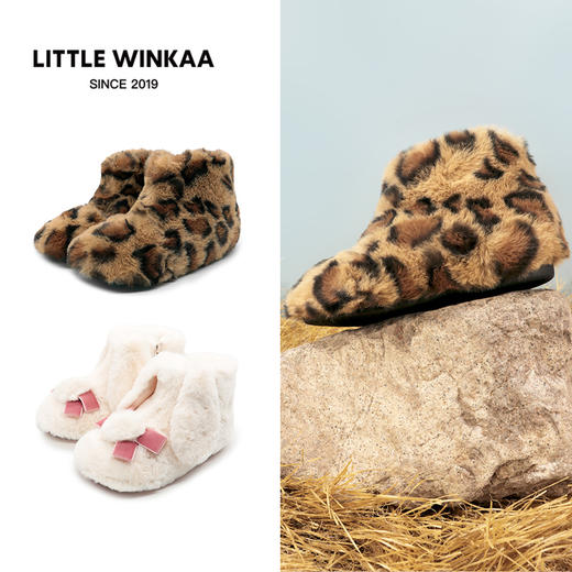 西班牙Littlewinkaa童鞋冬季新款萌趣豹纹垂耳兔毛绒儿童短靴加绒保暖靴 商品图0