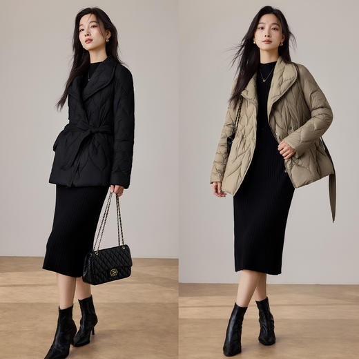 VICTORIA&VERA冬季【温雅序曲】系带收腰设计菱形绗缝羽绒服牛角扣立领短款气质修身GAO级DA牌感 商品图6