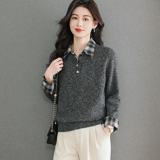 CC优雅通勤棕色格纹领拼接Polo毛衣女秋冬毛绒质感宽松显瘦针织上衣 商品图3