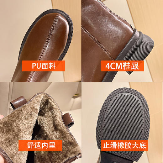秋冬季新款加绒棕色马丁靴女英伦风圆头保暖短筒后拉链显瘦短靴女 商品图3