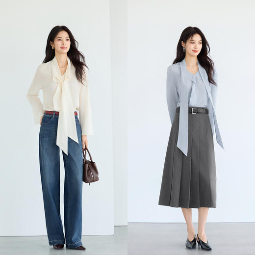 BSJ【严选】伊芙丽真丝飘带荷叶边衬衫女2026春季新款百搭休闲优雅温柔小上衣1H1920311Q 商品图1