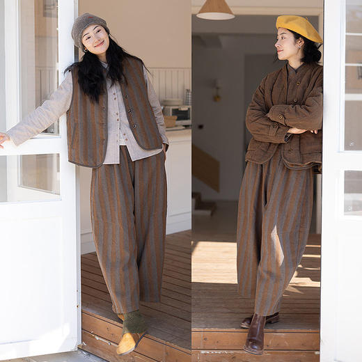 绽放032朵/棉麻色织鱼骨纹廓形感长裤复古文艺松弛感休闲裤弯刀裤 商品图3