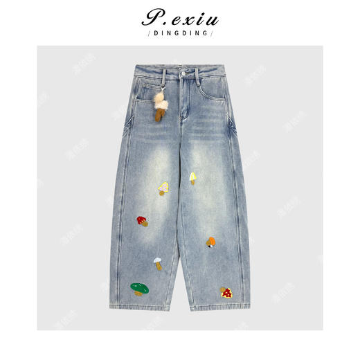PanYiXiu/潘依绣复古水洗立体蘑菇刺绣磨毛显瘦弯刀牛仔裤Q91881 商品图0