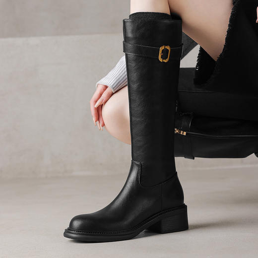 【预售5天】全牛皮修腿洋气百搭皮带扣骑士靴粗中跟圆头真皮高筒长靴KK840-23 商品图3
