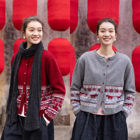 特绽放081朵/马上有福禄费尔岛提花毛衣·纯羊毛马年提花针织开衫