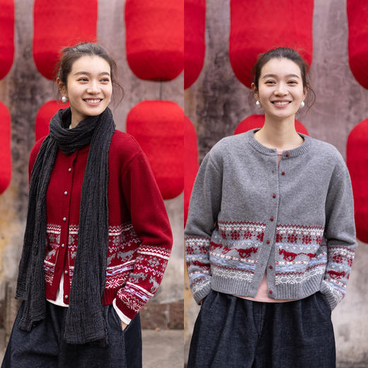 特绽放081朵/马上有福禄费尔岛提花毛衣·纯羊毛马年提花针织开衫 商品图0