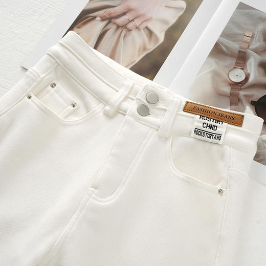 丁摩 白色加绒牛仔裤女秋冬款新款宽松阔腿裤冬季加厚高腰直筒裤子5ZF-705 商品图3