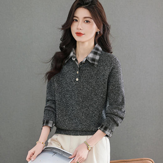 CC优雅通勤棕色格纹领拼接Polo毛衣女秋冬毛绒质感宽松显瘦针织上衣 商品图1