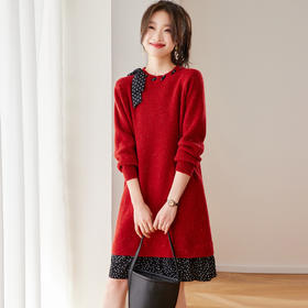CC轻熟优雅风红色蝴蝶结飘带针织保暖连衣裙女秋冬中长款气质毛衣裙