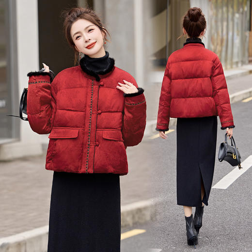 新中式刺绣水貂毛红色羽绒服，欧货洋气独特漂亮外套HR-YQH99958 商品图3