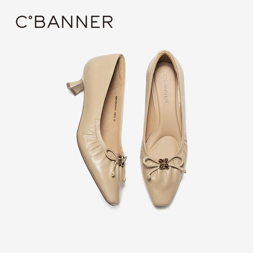 千百度羊皮粗高跟鞋女2026春季新款方跟小皮鞋蝴蝶结通勤浅口单鞋A26125015 商品图4