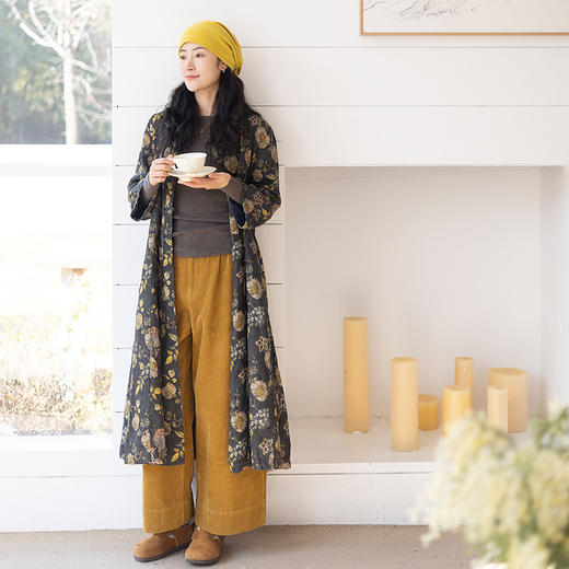 绽放035朵/复古印花轻中式偏襟可开襟长袖连衣裙新款藏肉显瘦长裙 商品图1