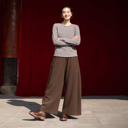特绽放009朵/热可可暖羊毛裤·羊毛混纺加厚全腰松紧阔腿休闲裤女 商品图2