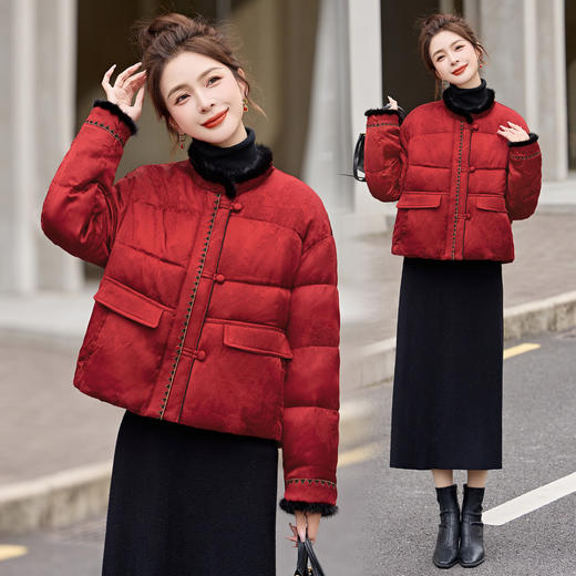 新中式刺绣水貂毛红色羽绒服，欧货洋气独特漂亮外套HR-YQH99958 商品图0