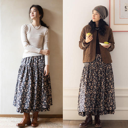 绽放057朵/全棉撞色设计提花双层半身长裙全腰松紧复古半身裙长裙 商品图3