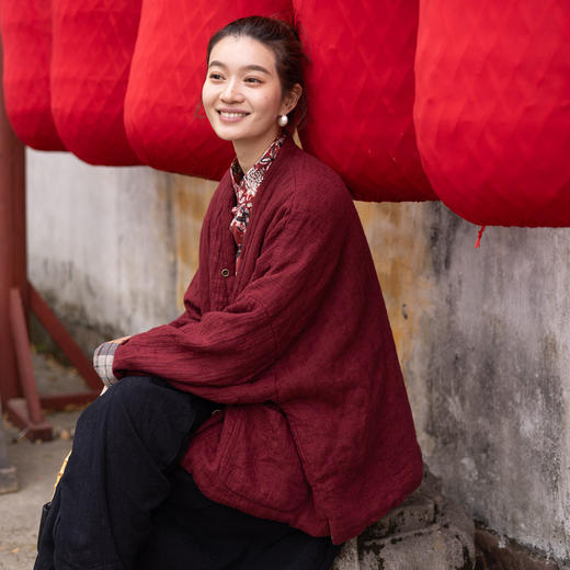 特绽放037朵/故里棉衣·色织亚麻斜襟内拼格纹里布长袖棉服厚外套 商品图1